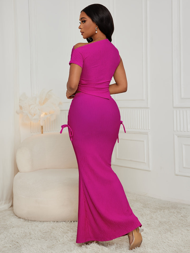 Women’s Solid Color Elegant Summer Skirt Set, Slant Shoulder Top & Drawstring Bodycon Skirt Outfits.