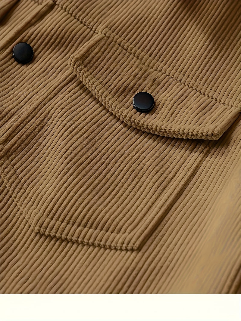 Men's Corduroy Cargo Jacket with Multiple Pockets - Polyester Casual Workwear.