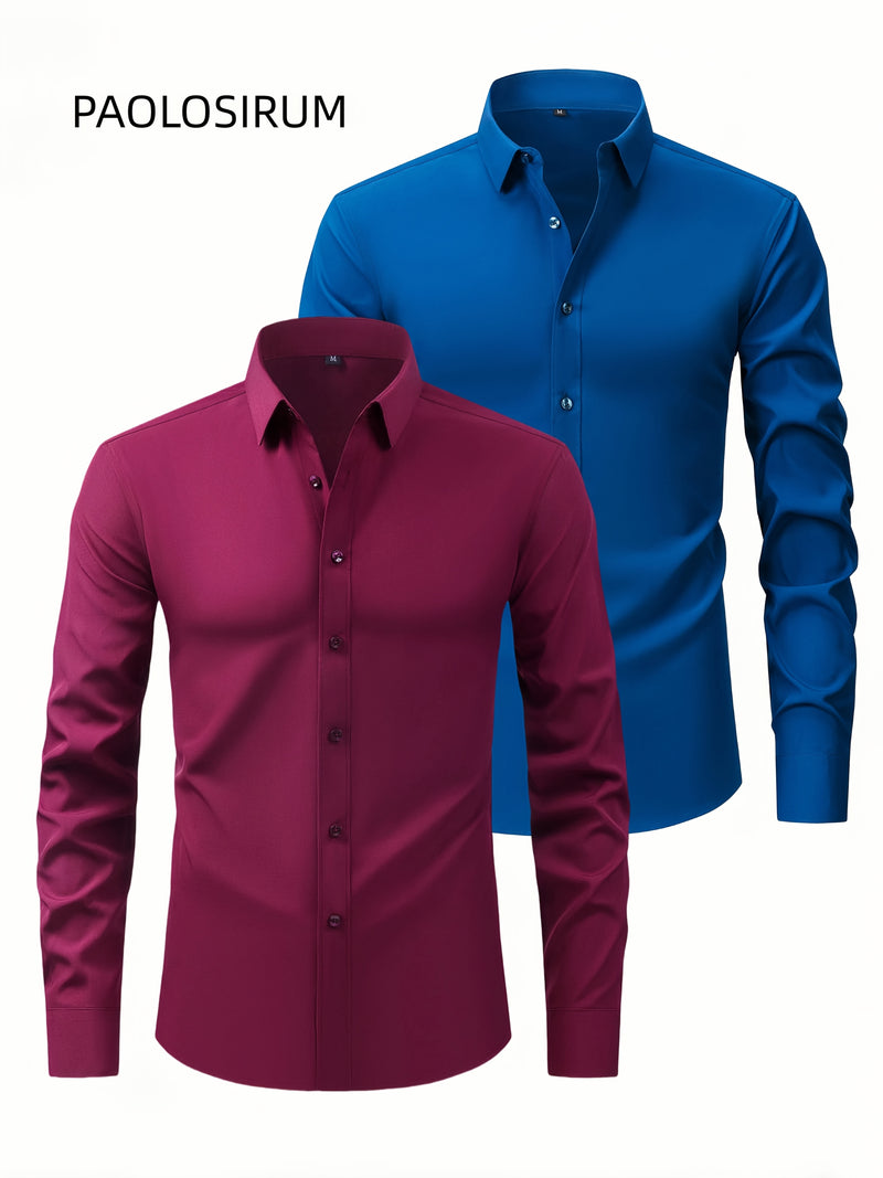 Two-Piece Set of Men's Solid Color Elastic Shirts.