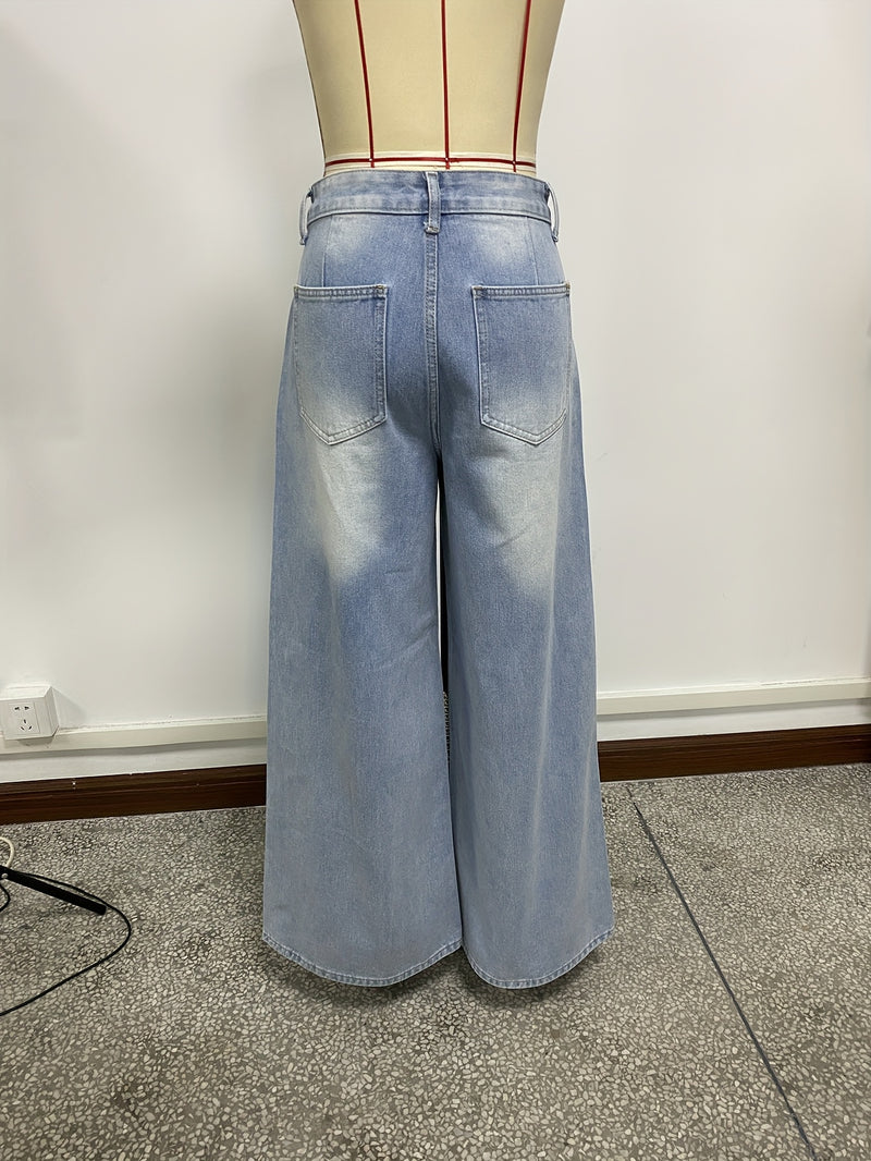 Women's New Washed Blue Wide-Leg Ultra-Long Floor-Length Ripped Loose-Fit Wide-Leg Casual Jeans.
