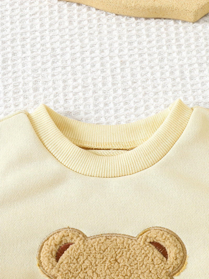 Baby Boy's 3pcs Set: Embroidered Bear Hooded Vest with Embroidered Bear Plaid Patchwork Top.