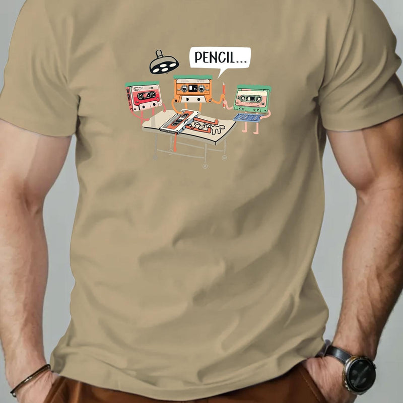Men's Summer Casual Crew Neck Short Sleeve T-Shirt with Tape Pattern.