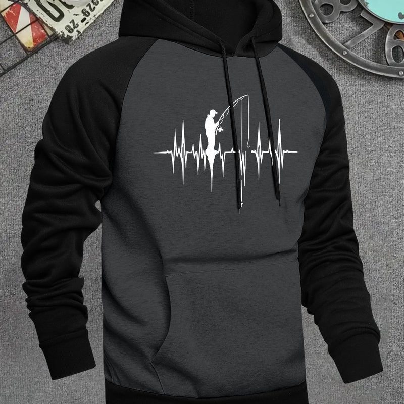 Men's Hooded Sweatshirt with Fishing Pattern Print.