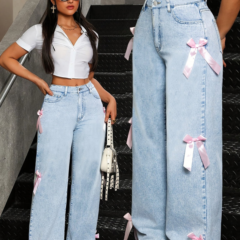 Women's Stylish Denim Trousers with a Bow, Trendy And Elegant.