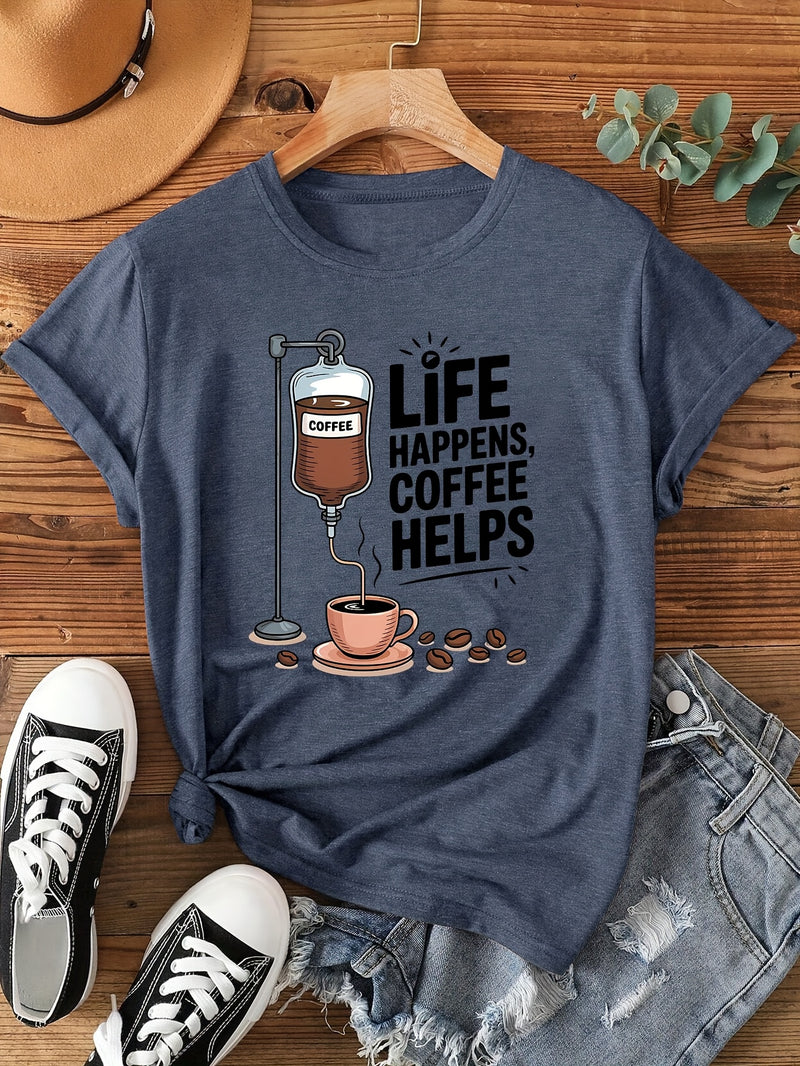 Women's Coffee-Themed T-Shirt with "Coffee Helps" Slogan.
