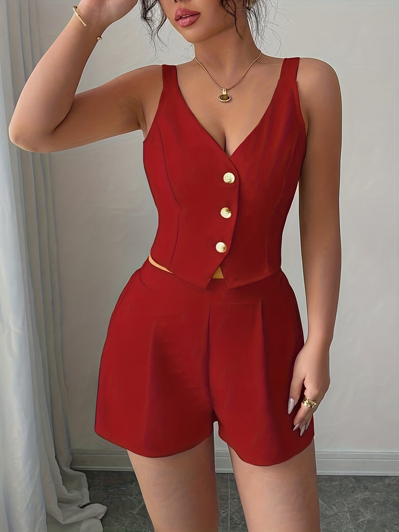 Women's Casual Commuter Simple Solid Color Front Button Vest + Shorts 2pcs.