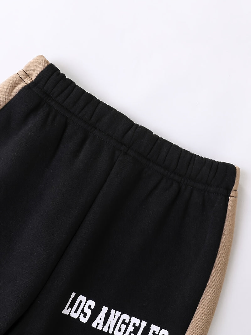 2pcs Boys Autumn/Winter Fleece-Lined Hooded Sweatshirt and Pants Set.