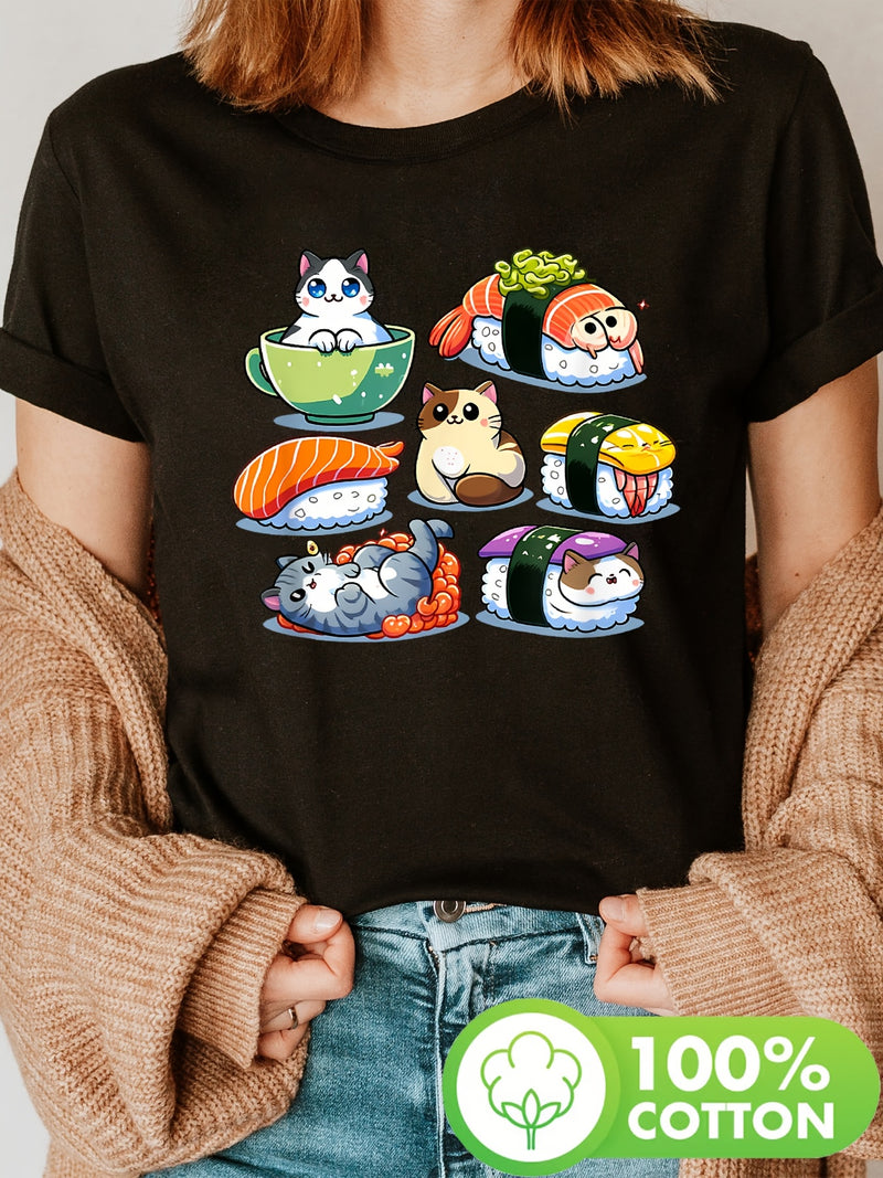 Women’s Sushi Anime Cat Sushi Lover Gift Print T-Shirt.
