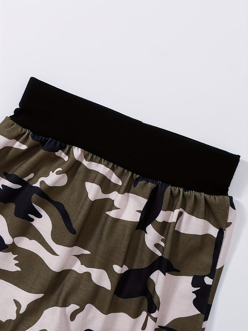 Baby Letter Slogan Print Camo Pocket Hoodie & Camo Pants Set, for Outdoor.