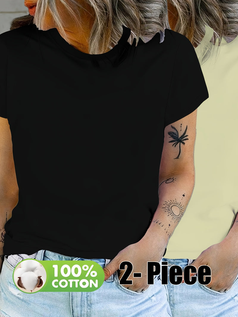 Women’s Fashion Solid Color Short Sleeve T-Shirt Two-Pack.