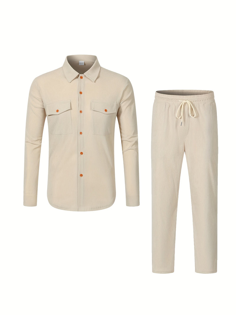 Men'S Casual Two-Piece Set - Olive Green Corduroy  Shirt & Pants.
