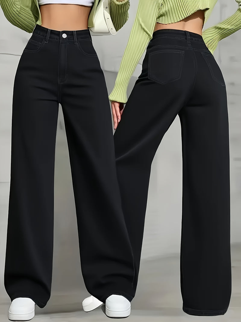 Ladies' Black Wide-leg Pants, Elastic Belt and Slanted Pockets.