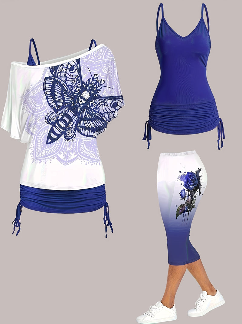 Women’s Off-Shoulder Top with Butterfly Print And Three-Quarter Pants.