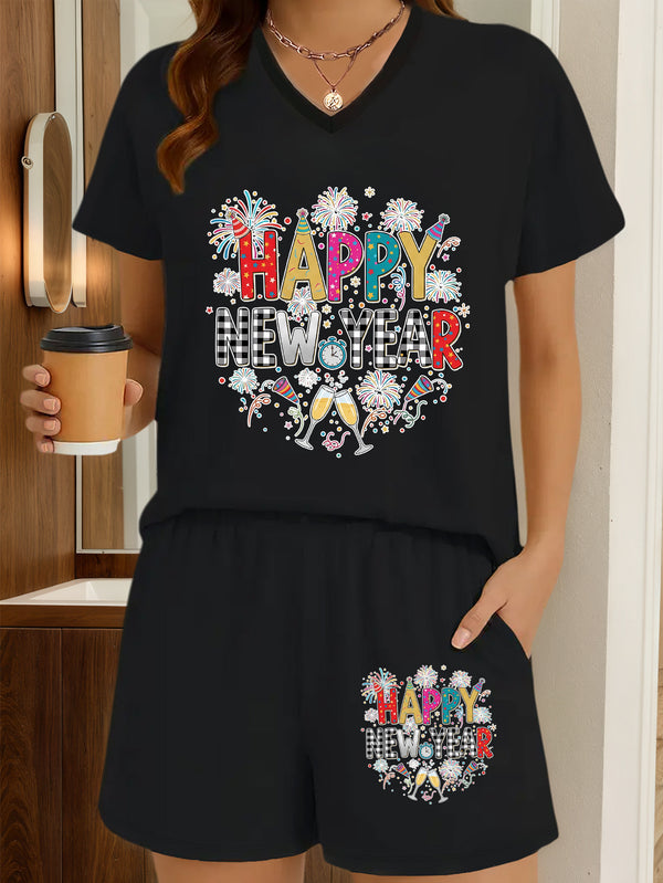 2pcs Women's Y2K Elegant V-Neck Short-Sleeve Blouse & Matching Shorts.