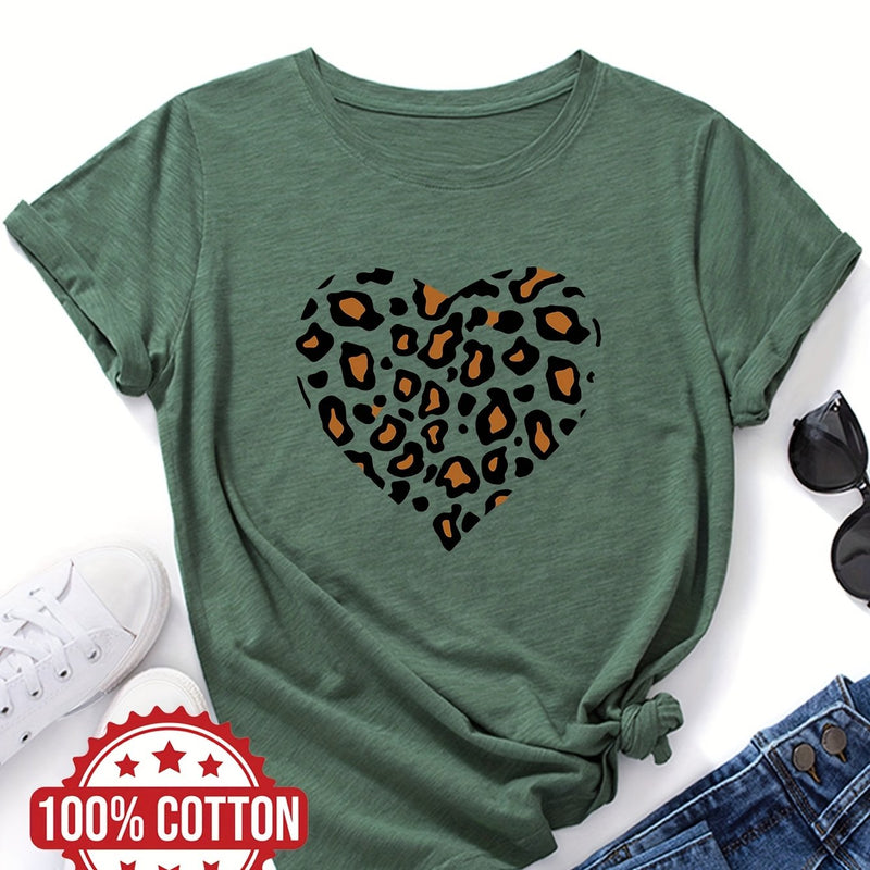 Women's "Leopard-print Heart" Graphic Print T-Shirt.
