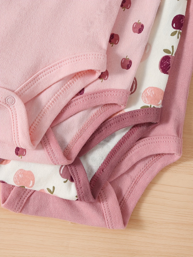 Girls' 4pcs Set of Triangle Bodysuits with Cute Patterns.