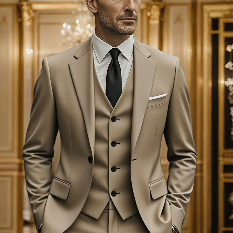 3pcs Suit Set for Men, Single-Breasted One-Button Black Suit And Trousers Set.