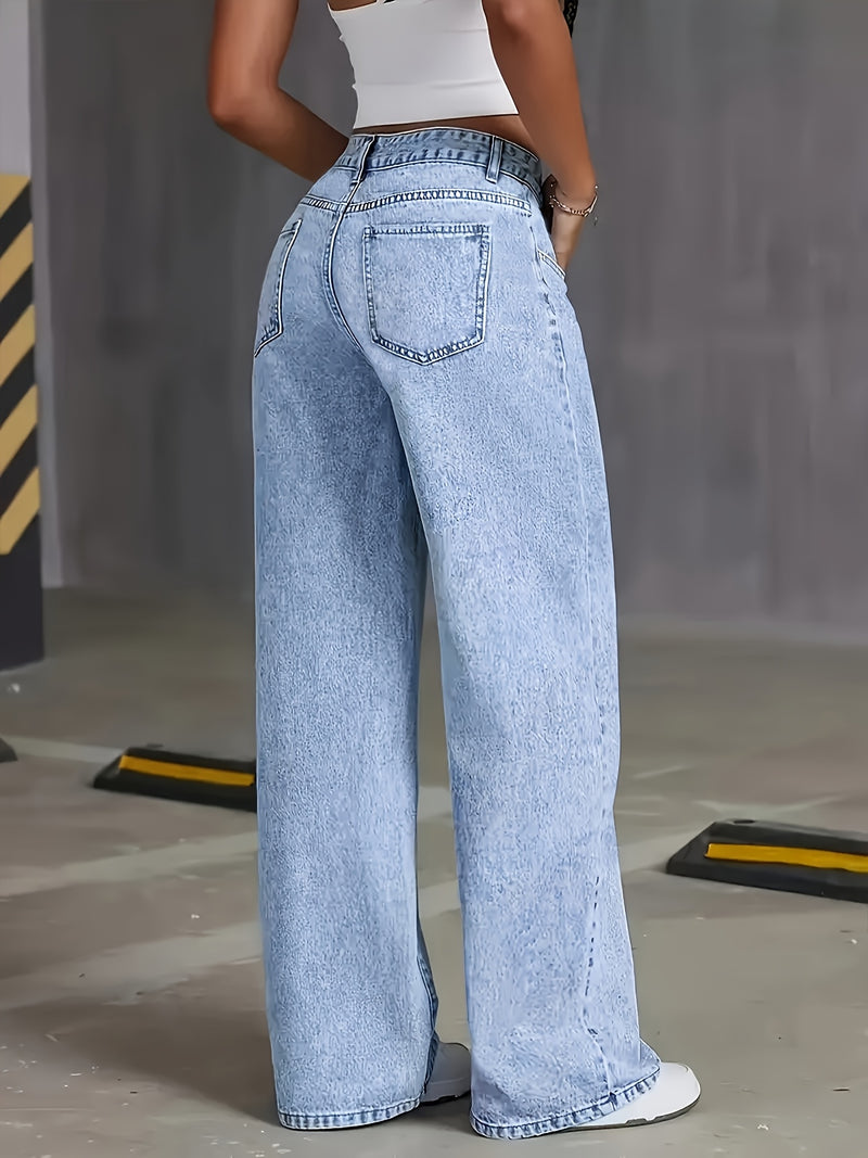 Women's Distressed Snowflake Washed Loose Straight-Leg Jeans.
