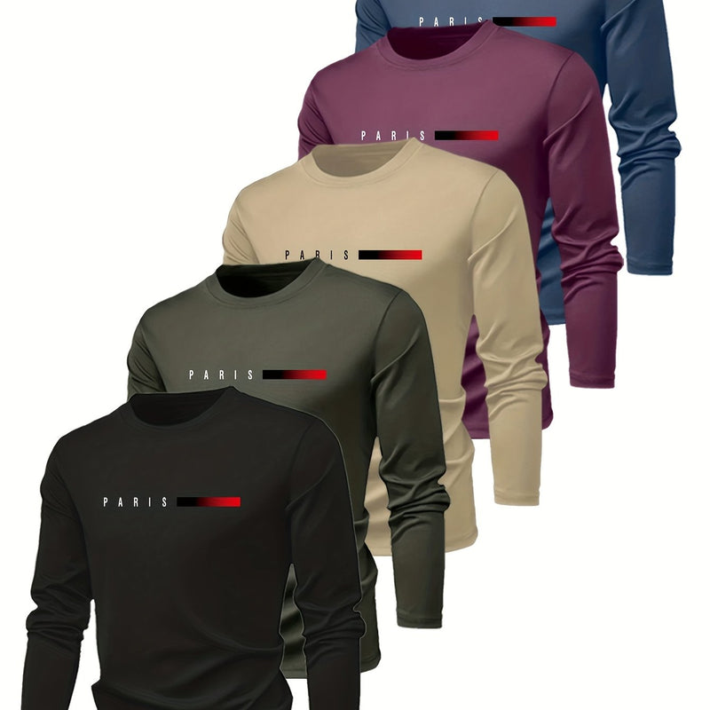 5pcs Breathable And Comfortable Long-Sleeve Crew Neck T-Shirts for Men.