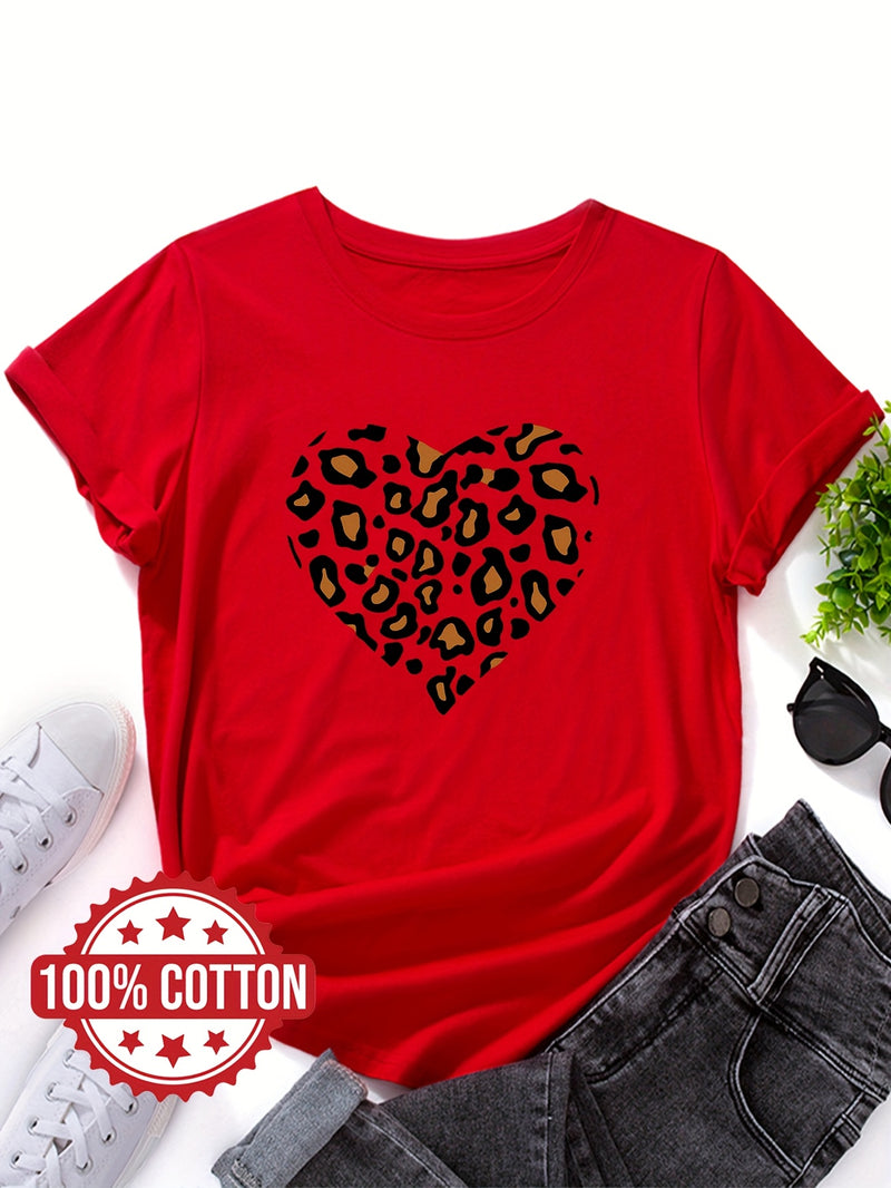 Women's "Leopard-print Heart" Graphic Print T-Shirt.
