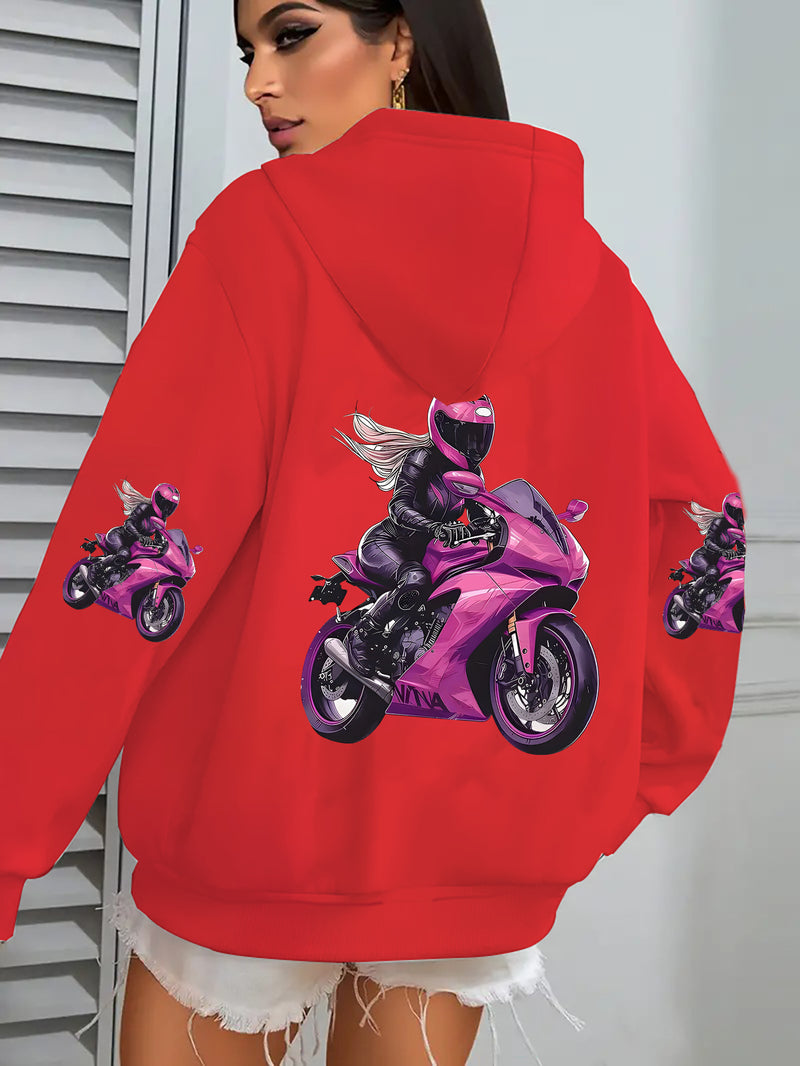 Ladies' Zipper Hoodie, Handsome Female Rider Cycling Pattern.