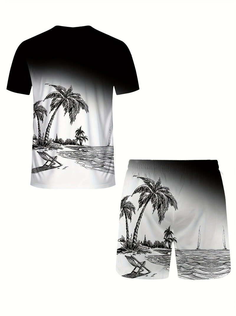 Men’s Black & White Botanical Print T-Shirt and Shorts Set.