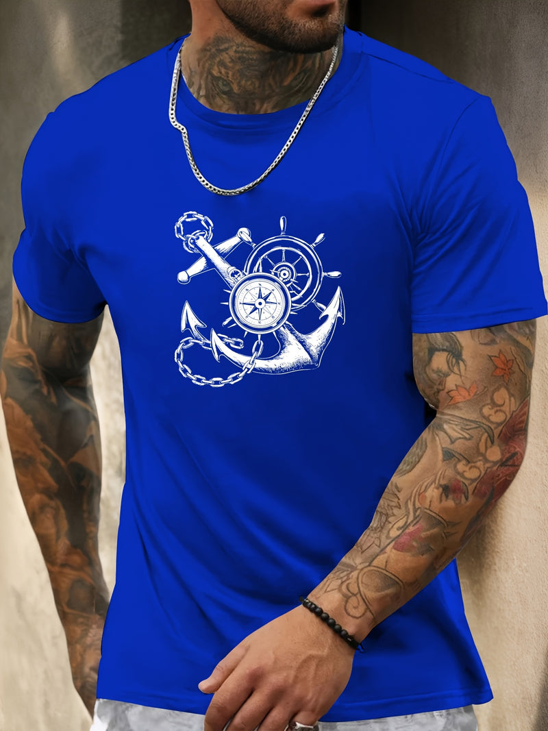 Men's Casual Summer T-Shirt with Anchor and Compass Graphic.