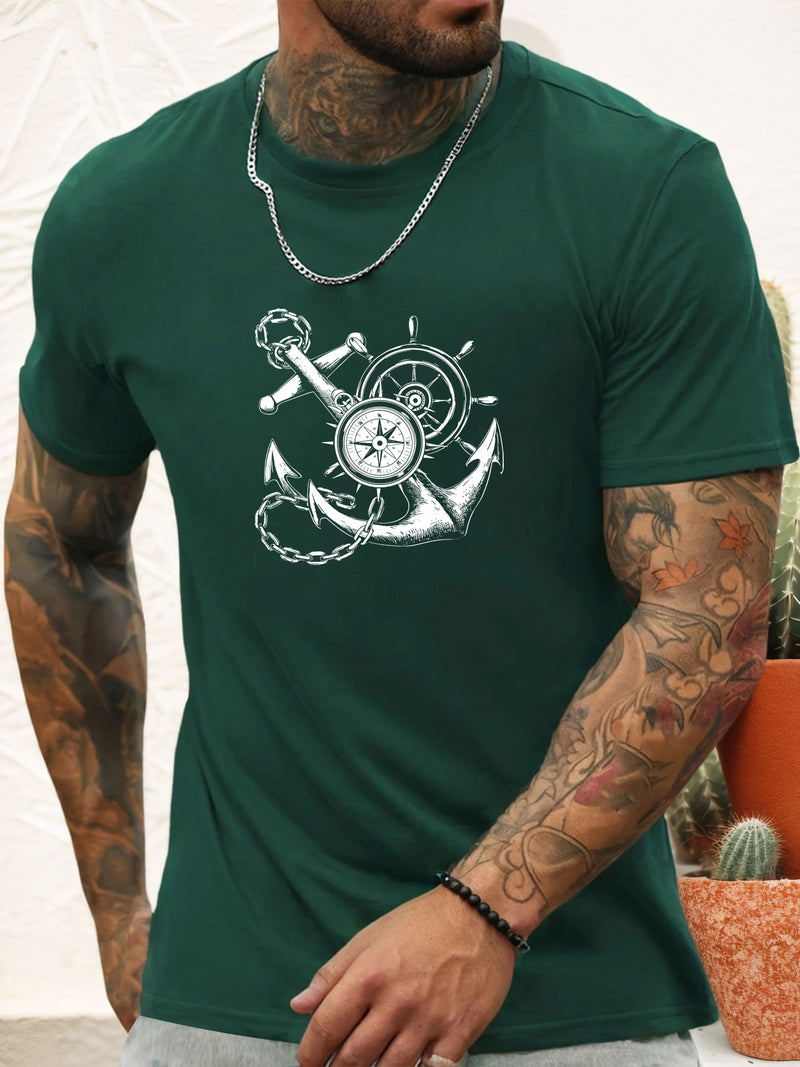 Men's Casual Summer T-Shirt with Anchor and Compass Graphic.
