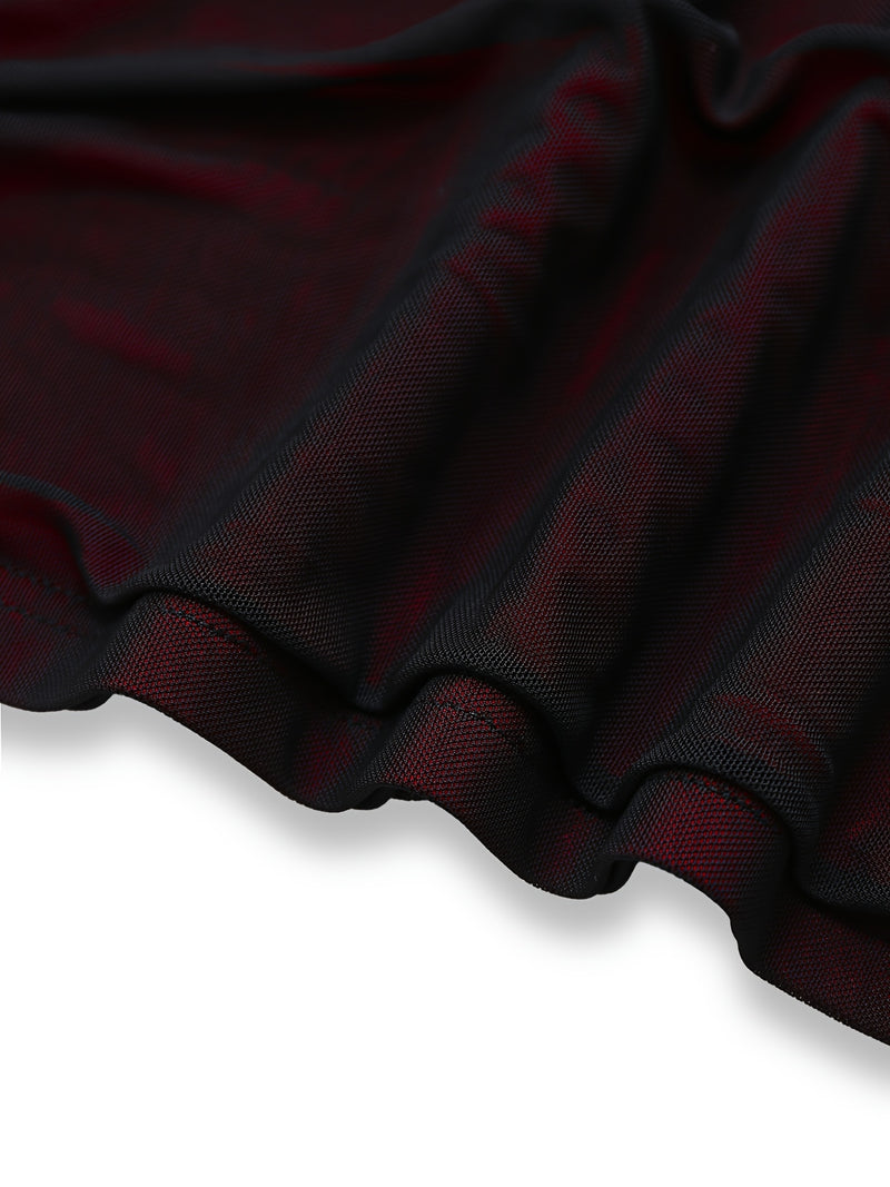 Red And Black Color-Blocked Mesh Bodycon Skirt.