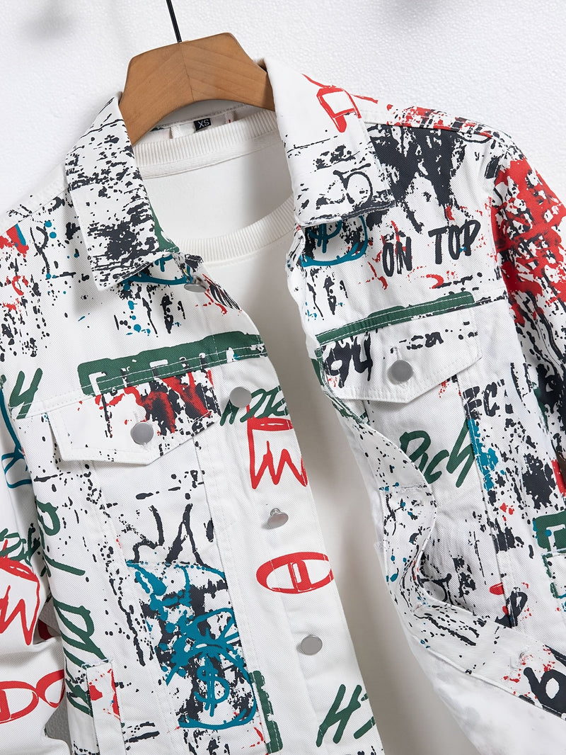 Men's Streetwear Faux Denim Jacket with Random Graffiti Print.