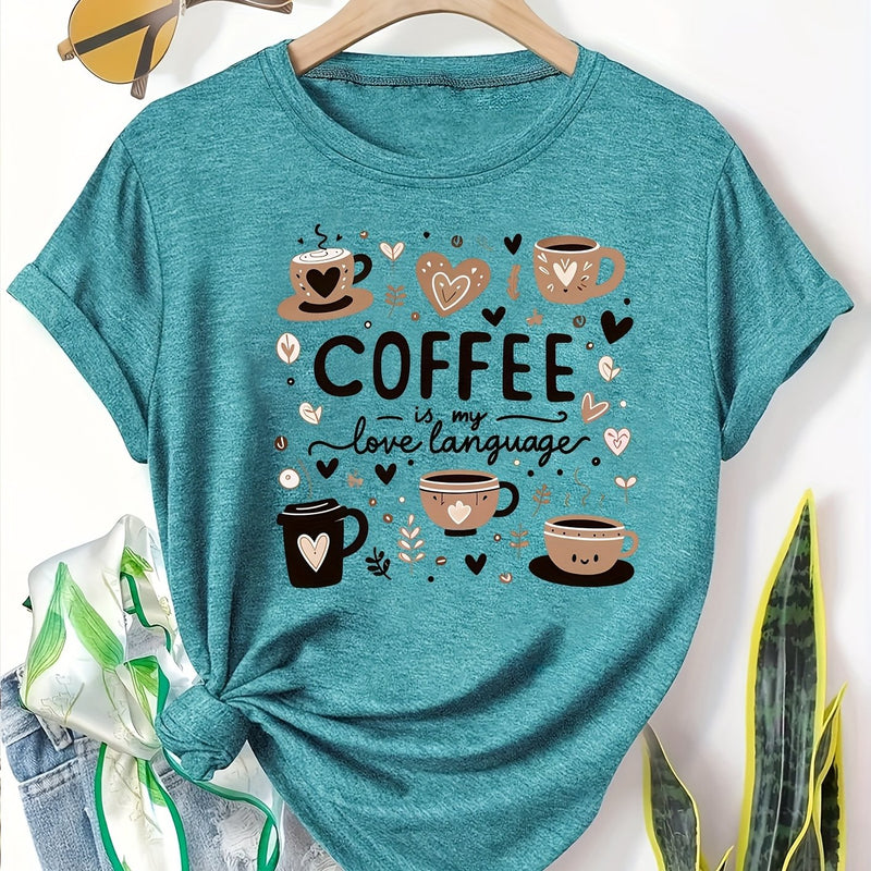 Elegant Women's Short-Sleeve T-Shirt with Coffee-Themed Prints.
