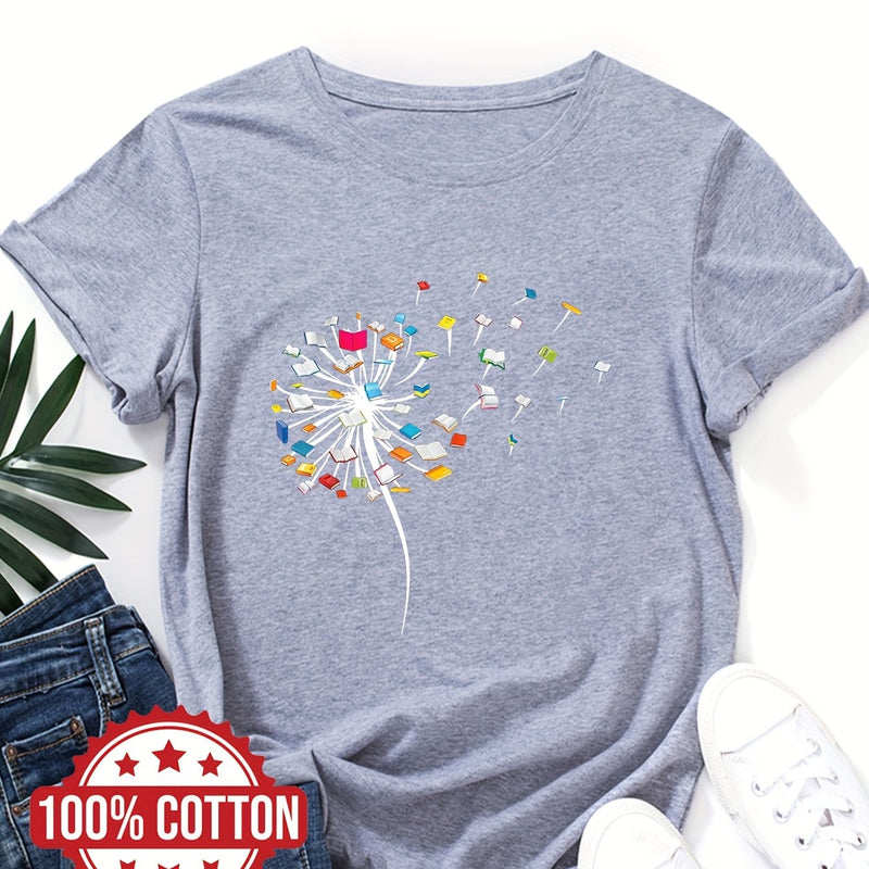 Women's "Dandelions and Books" Graphic T-Shirt.