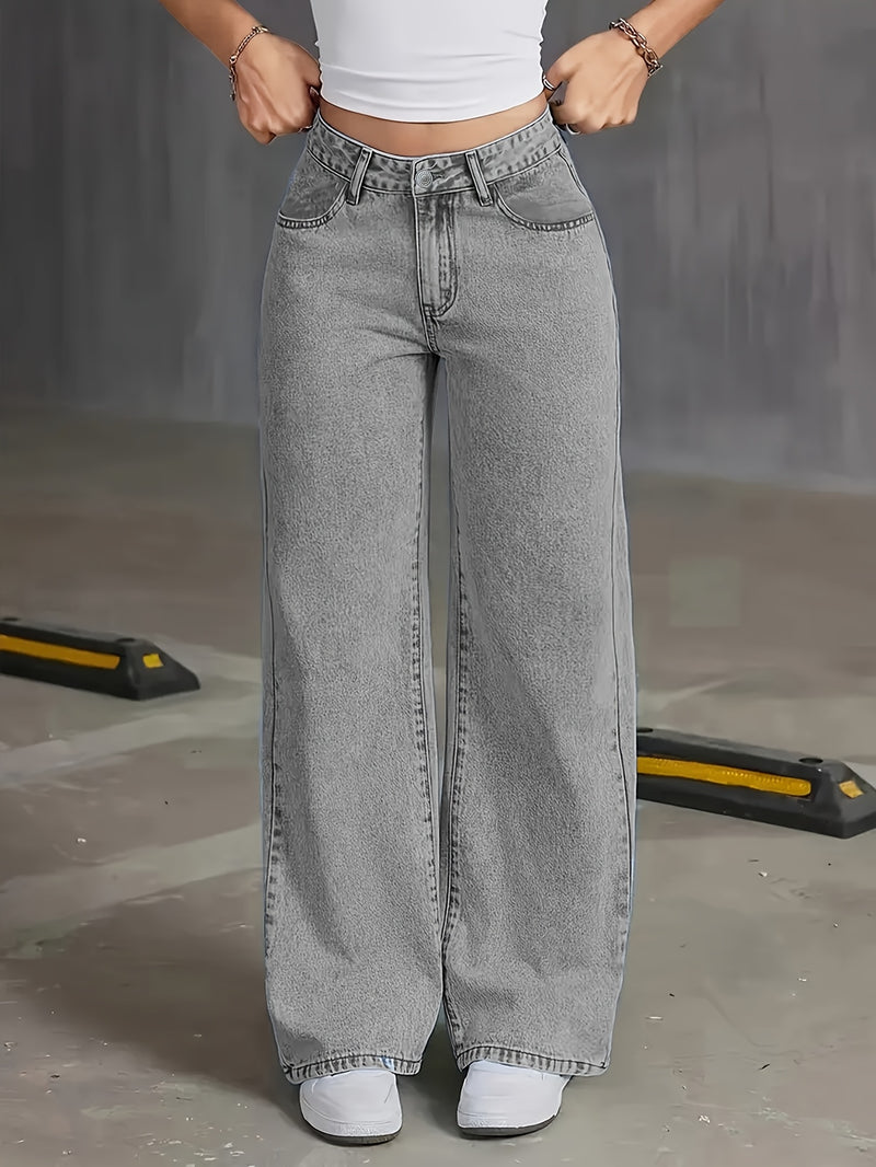 Women’s High Waist Grey Washed Wide Leg Jeans.