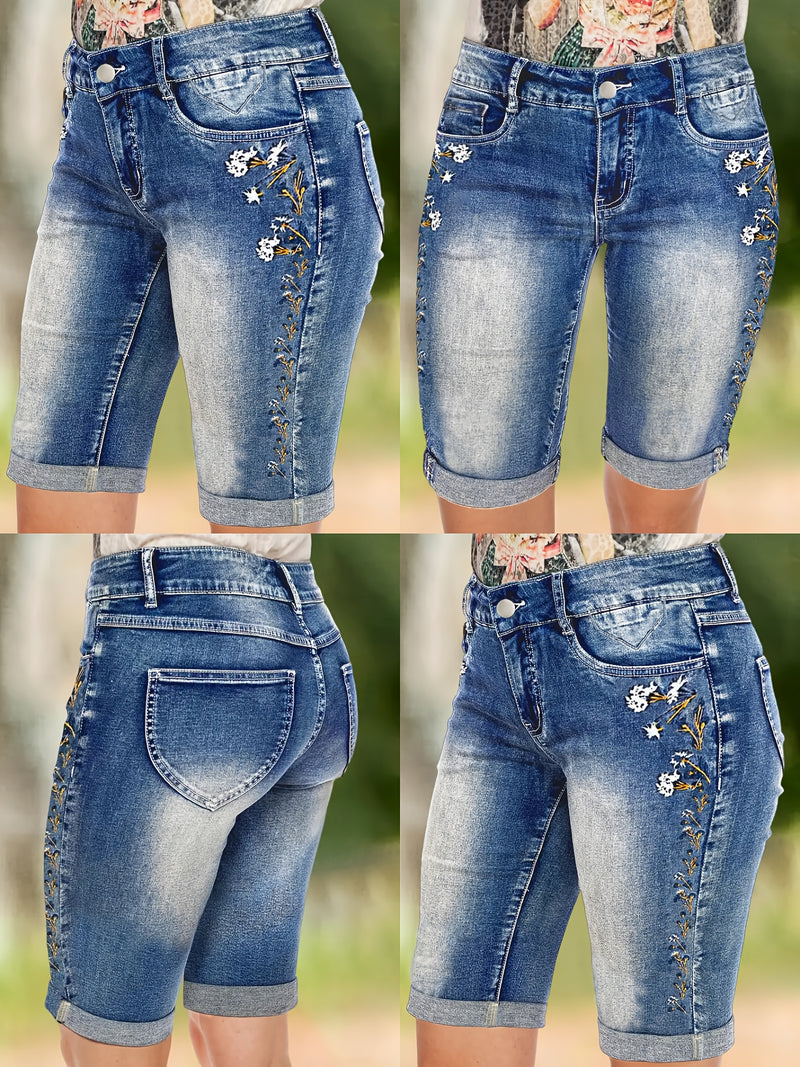 Women's Mid-Rise Denim Shorts Featuring Floral Embroidery.