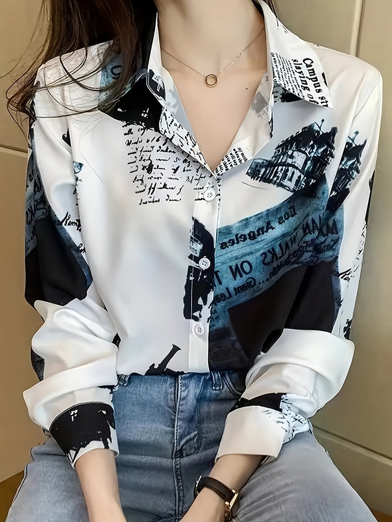Women’s Letter Print Button- Shirt, New Spring/Autumn Casual Long Sleeve.