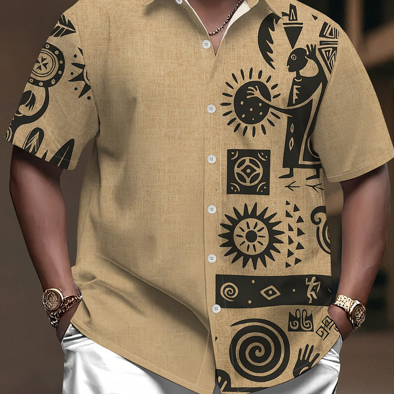 Men's Big & Tall Light Khaki Short-Sleeve Shirt with Black Ethnic Tribal Print.