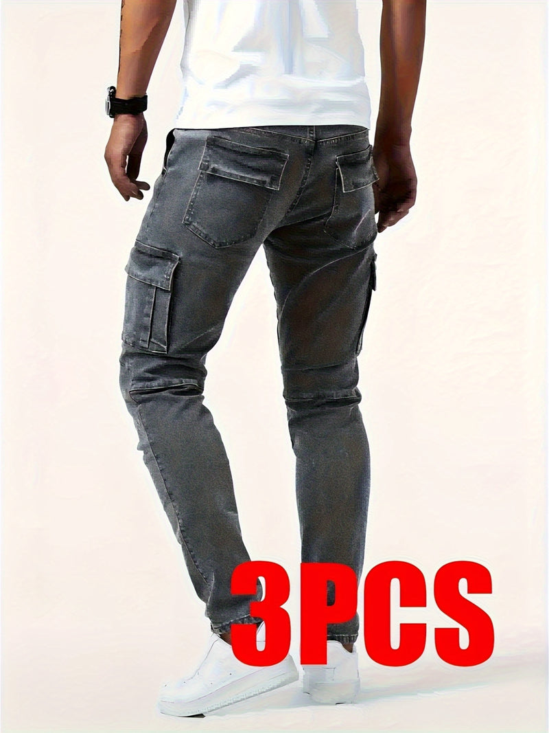 Men's Casual Multi-Pocket Stretchy Denim Pants Set of Three.