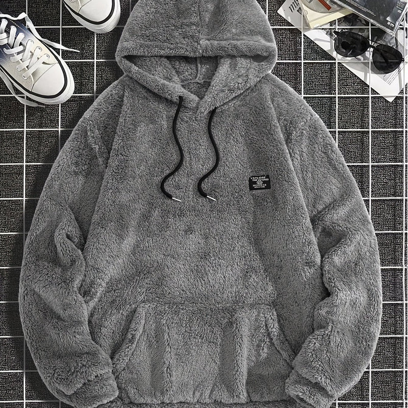 Men’s Solid Color Plush Hooded Sweatshirt.