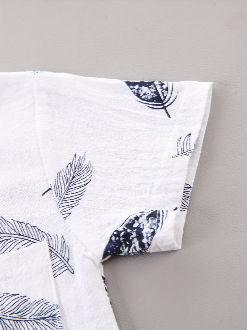 2pcs Boys' Casual Feather Shirt and Shorts Set Vibrant Yellow with Blue Accents.