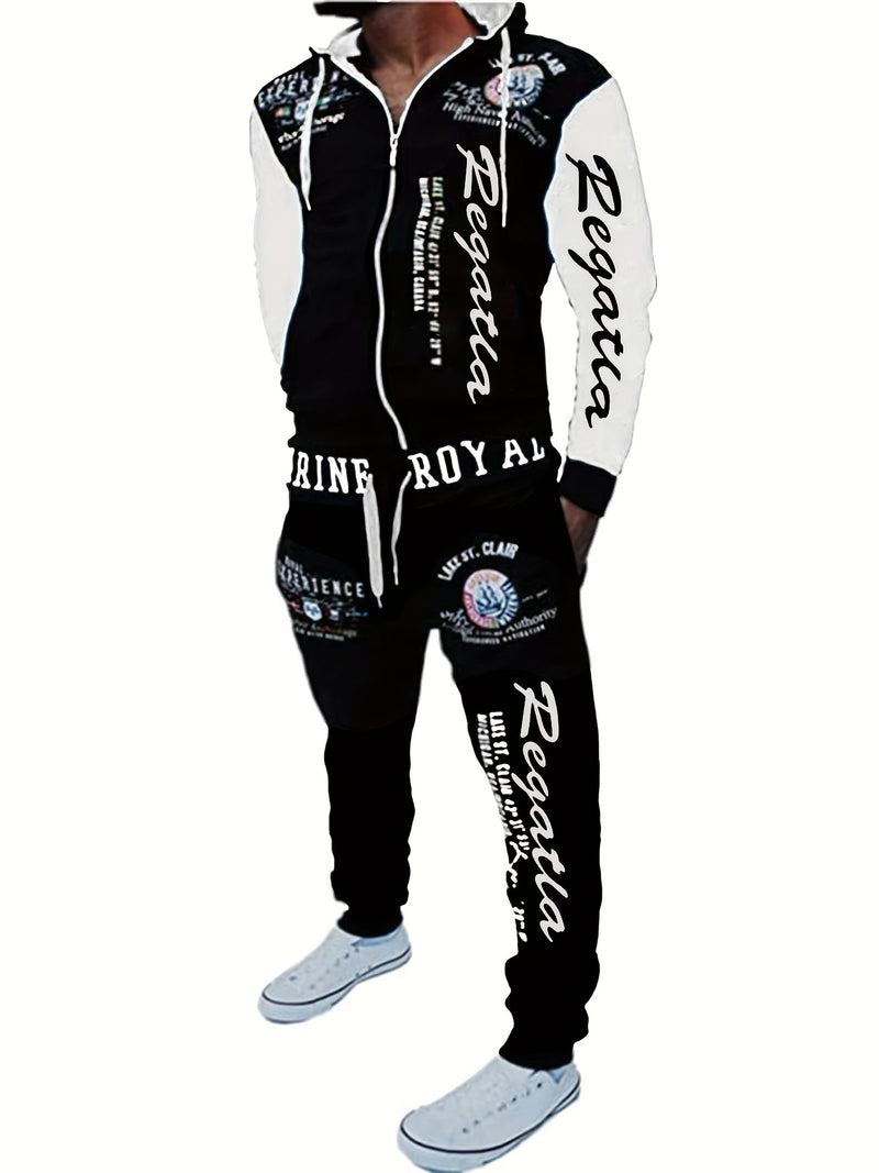 Men's Hooded Sweatshirt with Letter Print, Two-Piece Sports Running Outfit.