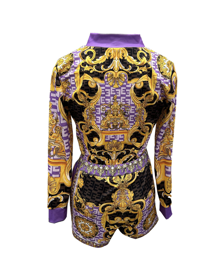 Women’s Floral Print Elegant Shorts Set, Long Sleeve V-neck Zip Up Jacket.