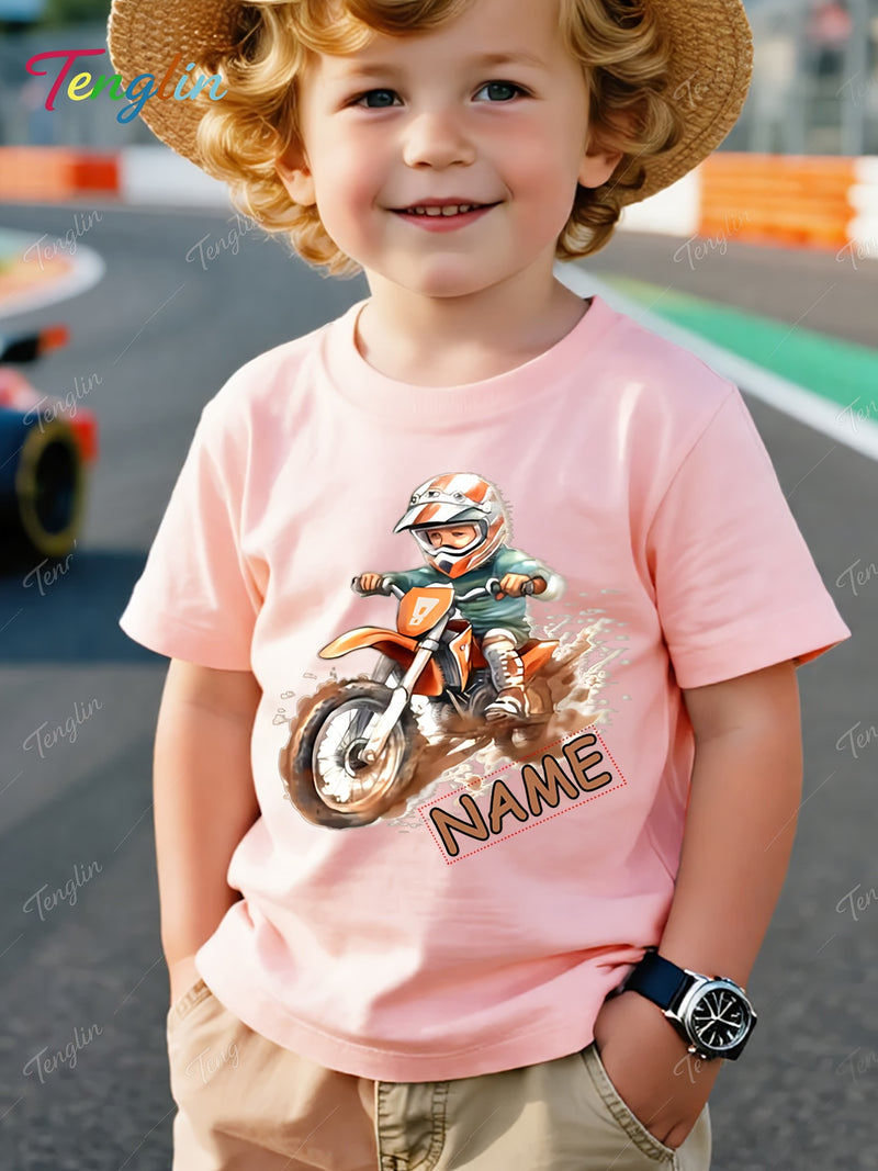 Custom Motorcycle Print Short Sleeve T-Shirt for Boys and Girls.