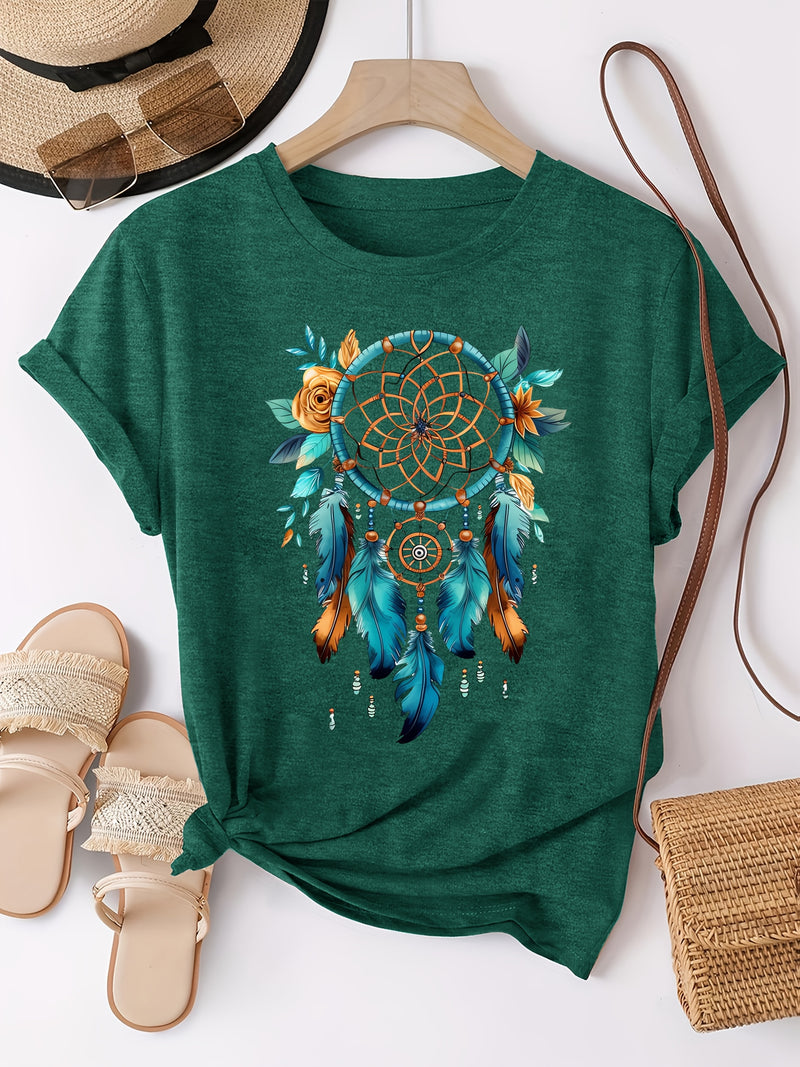 Women's Bohemian Dreamcatcher Floral Print T-Shirt.