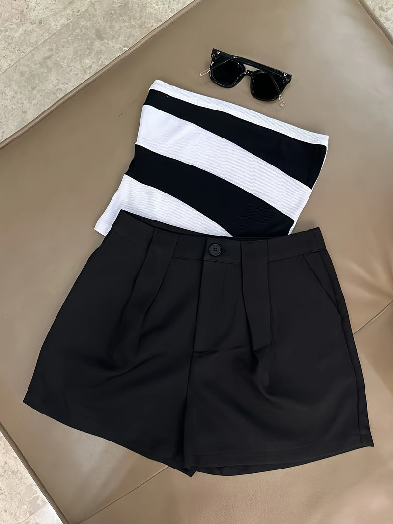 Women’s -Blocked Strapless Fitted Top Paired with Versatile Casual Shorts.