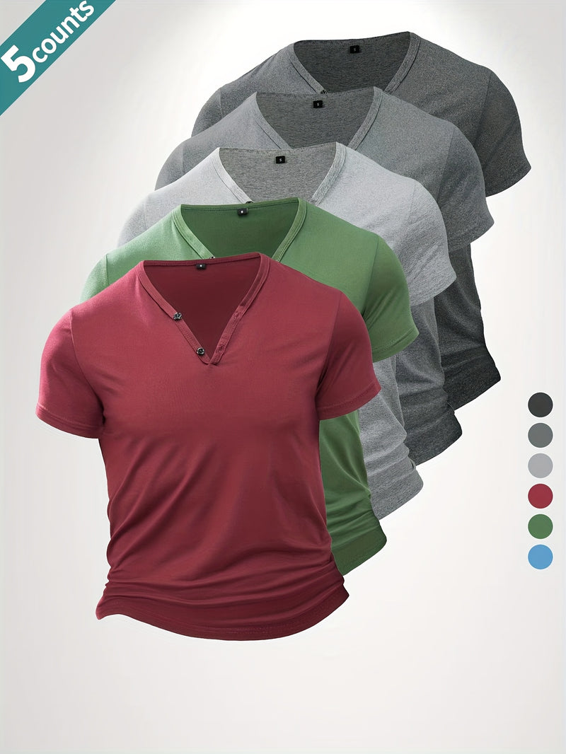 5pcs Men'S Casual V-Neck Short Sleeve T-Shirts.