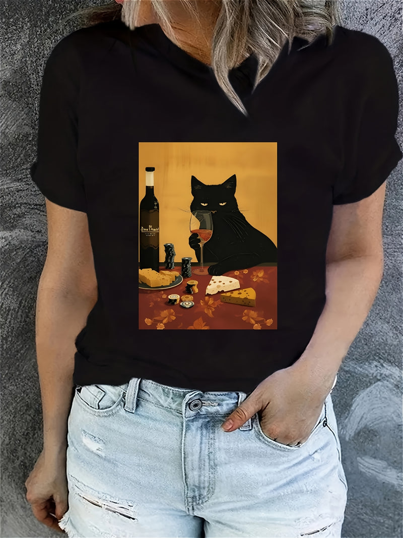 Women’s T-shirt Female Drinking and Eating Cheese Cat Pattern.