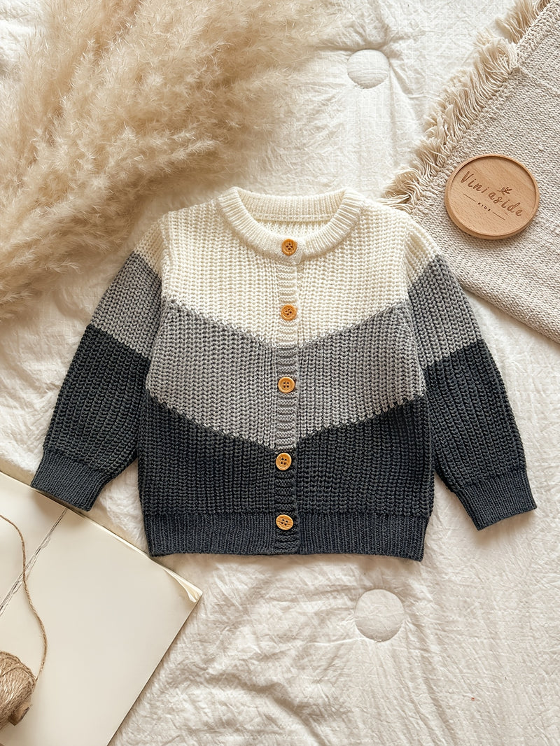 Baby Retro Tricolor Color Blocking Knitted Cardigan.