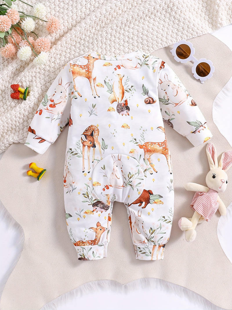 Children's Cartoon Animal Print Round Neck Long Sleeve Bodysuit.