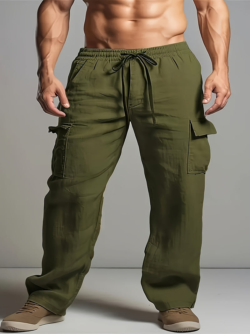 Linen Drawstring Elastic Waist Multi-Pocket Casual Long Pants.
