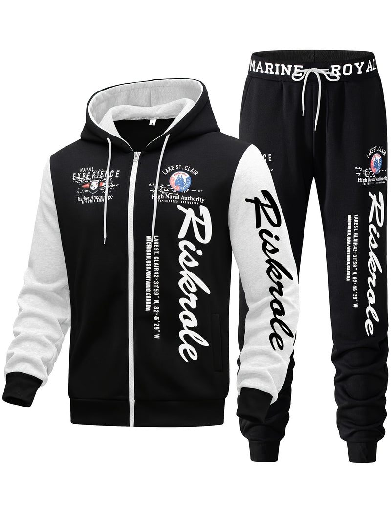 Men's Hooded Sweatshirt with Letter Print, Two-Piece Sports Running Outfit.